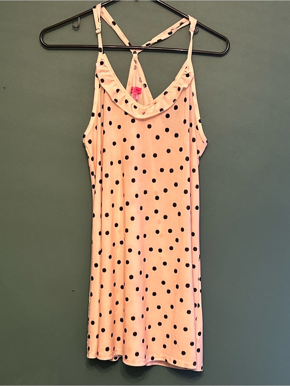 Betsey Johnson Pink & Black Polka Dot Ruffle Racerback Sleep Chemise Nightgown